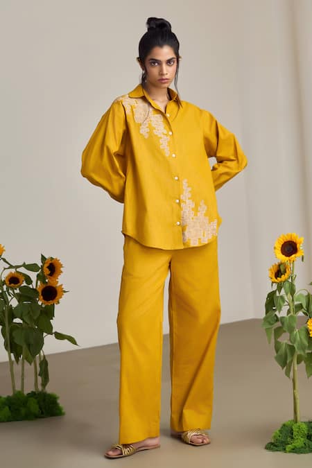 Maisolos_Mustard Cotton, Linen Embroidery Collared Pant Set _Online_at_Aza_Fashions
