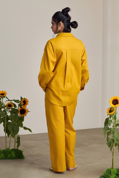 Shop_Maisolos_Mustard Cotton, Linen Embroidery Collared Pant Set _at_Aza_Fashions