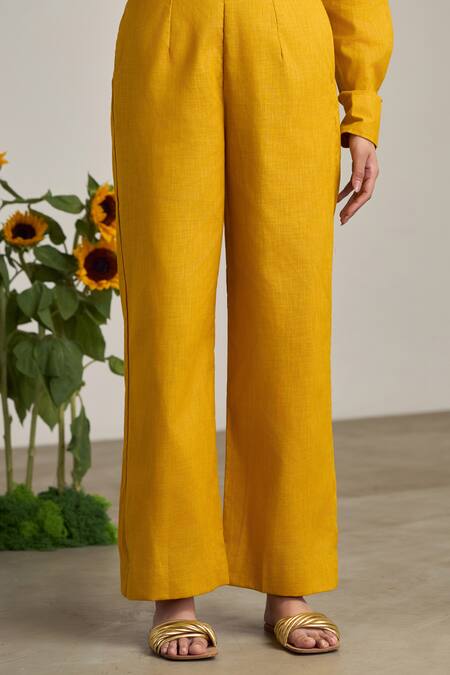 Buy_Maisolos_Mustard Cotton, Linen Embroidery Collared Pant Set _Online_at_Aza_Fashions