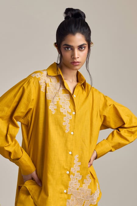 Shop_Maisolos_Mustard Cotton, Linen Embroidery Collared Pant Set _Online_at_Aza_Fashions