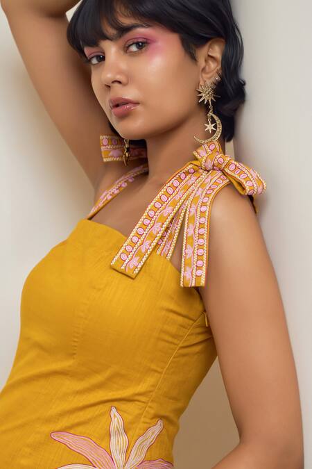 Buy_Maisolos_Mustard Cotton, Linen Embroidery Square Neck Short Dress _Online_at_Aza_Fashions