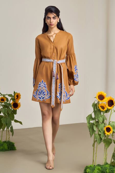 Maisolos_Brown Cotton, Linen Embroidery Button-down Neck Short Dress _Online_at_Aza_Fashions