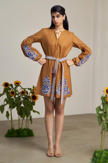 Buy_Maisolos_Brown Cotton, Linen Embroidery Button-down Neck Short Dress _Online_at_Aza_Fashions