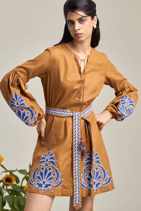 Shop_Maisolos_Brown Cotton, Linen Embroidery Button-down Neck Short Dress _Online_at_Aza_Fashions