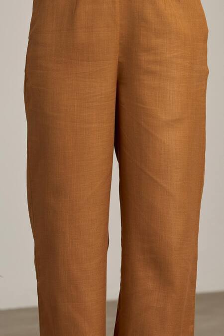 Maisolos_Brown Cotton, Linen Embroidery Split V-neck Floral Pant Set _Online_at_Aza_Fashions