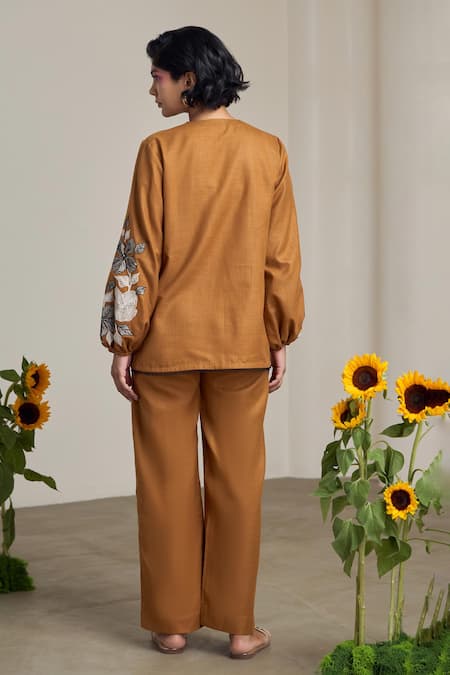 Shop_Maisolos_Brown Cotton, Linen Embroidery Split V-neck Floral Pant Set _at_Aza_Fashions