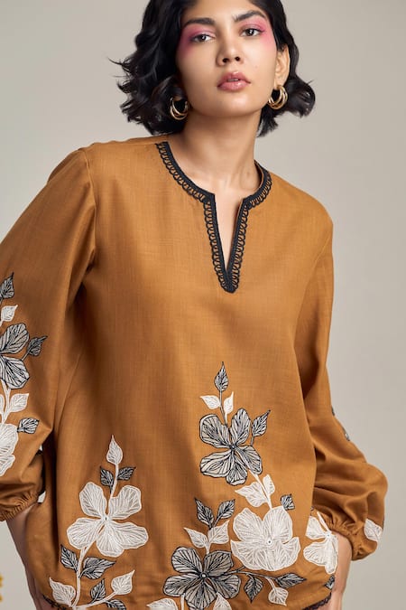 Buy_Maisolos_Brown Cotton, Linen Embroidery Split V-neck Floral Pant Set _Online_at_Aza_Fashions