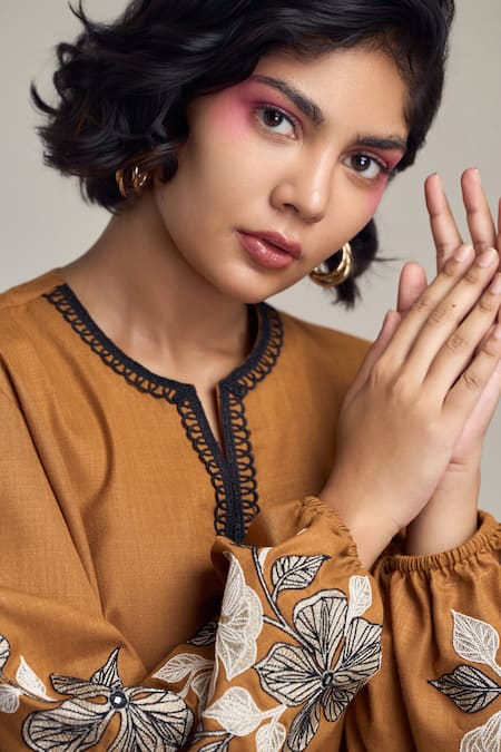 Shop_Maisolos_Brown Cotton, Linen Embroidery Split V-neck Floral Pant Set _Online_at_Aza_Fashions