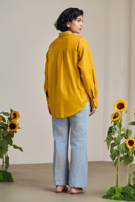 Shop_Maisolos_Mustard Cotton Embroidery Collared Designer Shirt _at_Aza_Fashions