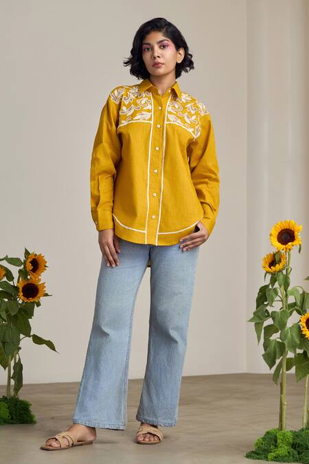 Maisolos_Mustard Cotton Embroidery Collared Designer Shirt _Online_at_Aza_Fashions