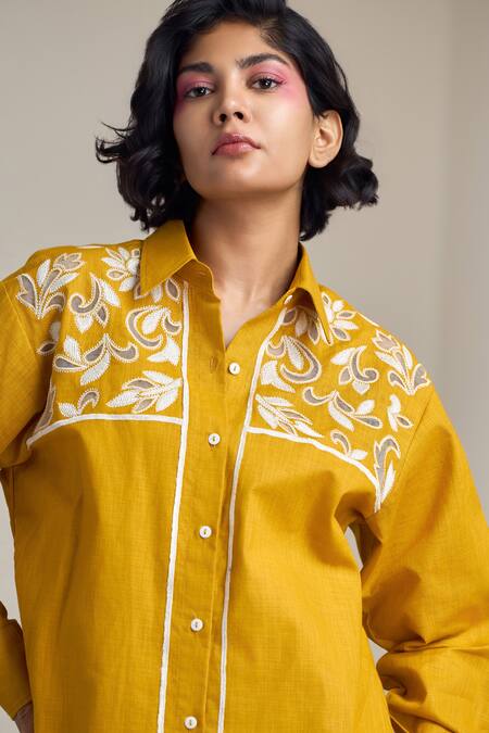 Buy_Maisolos_Mustard Cotton Embroidery Collared Designer Shirt _Online_at_Aza_Fashions