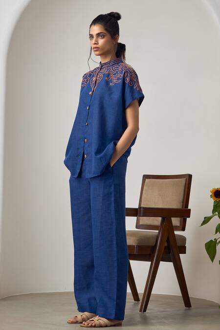 Maisolos_Navy Linen Embroidery Mandarin Collar Blue Jute Pant Set _Online_at_Aza_Fashions