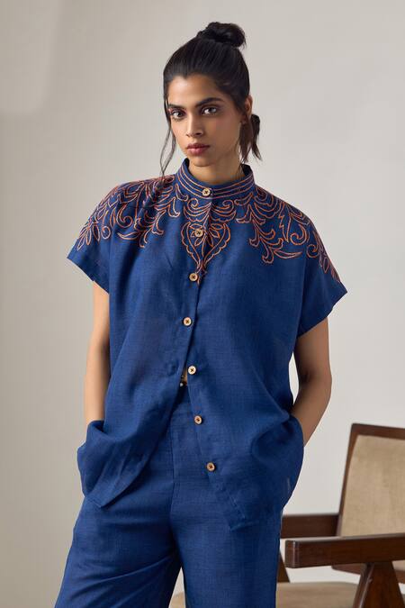 Buy_Maisolos_Navy Linen Embroidery Mandarin Collar Blue Jute Pant Set _Online_at_Aza_Fashions
