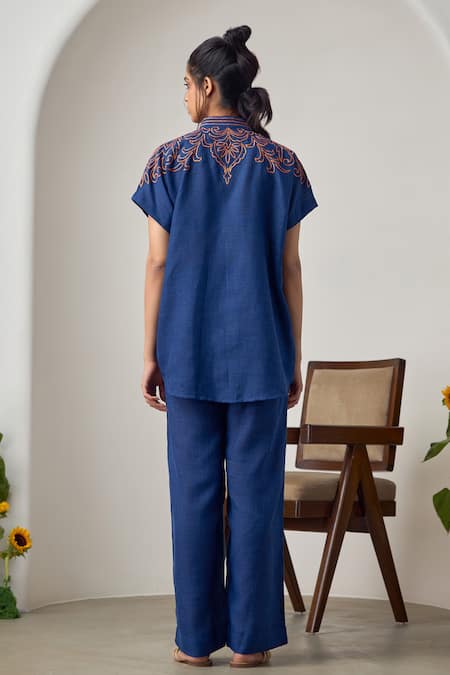 Shop_Maisolos_Navy Linen Embroidery Mandarin Collar Blue Jute Pant Set _at_Aza_Fashions