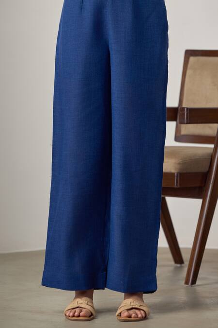 Shop_Maisolos_Navy Linen Embroidery Mandarin Collar Blue Jute Pant Set _Online_at_Aza_Fashions