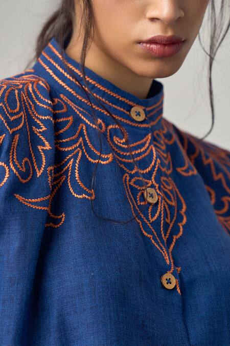 Maisolos_Navy Linen Embroidery Mandarin Collar Blue Jute Pant Set _at_Aza_Fashions