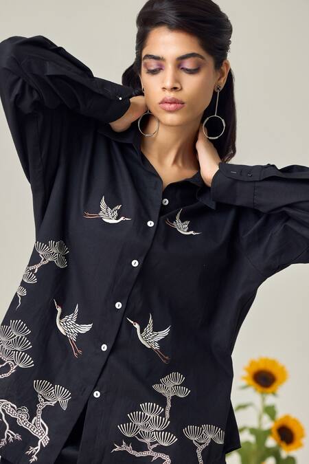 Buy_Maisolos_Black Poplin Embroidery Collared Designer Shirt And Pant Set _Online_at_Aza_Fashions