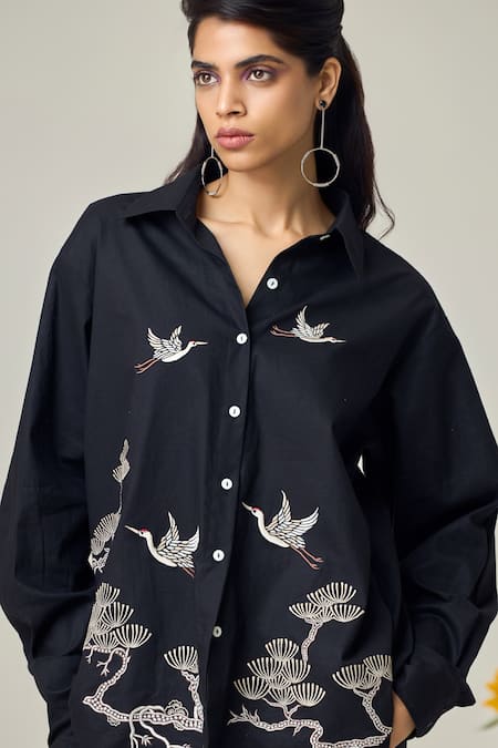 Shop_Maisolos_Black Poplin Embroidery Collared Designer Shirt And Pant Set _Online_at_Aza_Fashions