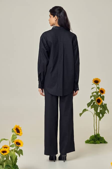 Shop_Maisolos_Black Poplin Embroidery Collared Designer Shirt And Pant Set _at_Aza_Fashions