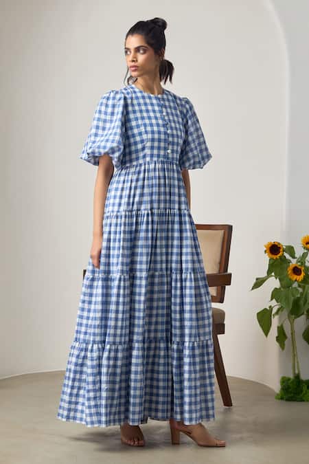 Maisolos_Blue Cotton Round Neck And White Checked Maxi Dress _Online_at_Aza_Fashions