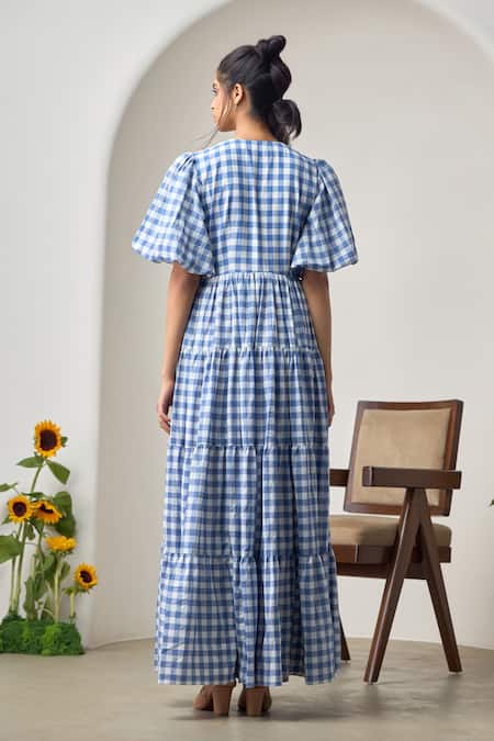 Shop_Maisolos_Blue Cotton Round Neck And White Checked Maxi Dress _at_Aza_Fashions