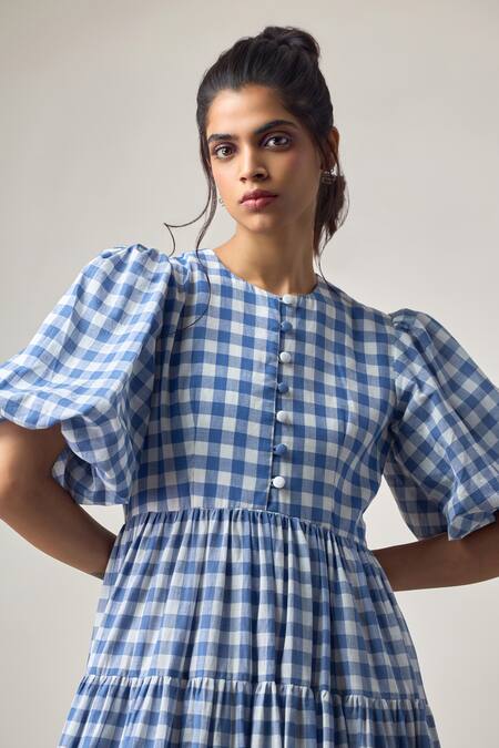 Buy_Maisolos_Blue Cotton Round Neck And White Checked Maxi Dress _Online_at_Aza_Fashions