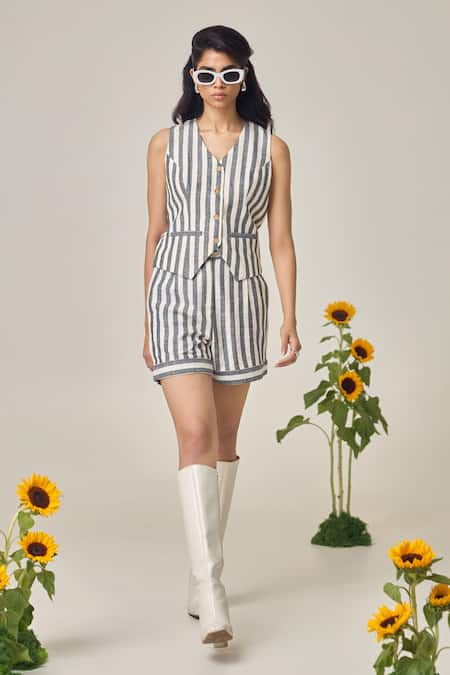 Maisolos_Ivory Cotton V-neck And Black Striped Waistcoat & Shorts Set _Online_at_Aza_Fashions