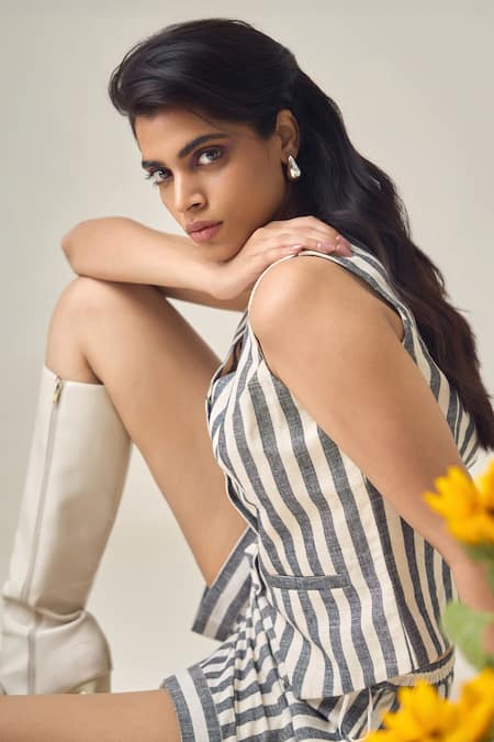 Shop_Maisolos_Ivory Cotton V-neck And Black Striped Waistcoat & Shorts Set _Online_at_Aza_Fashions