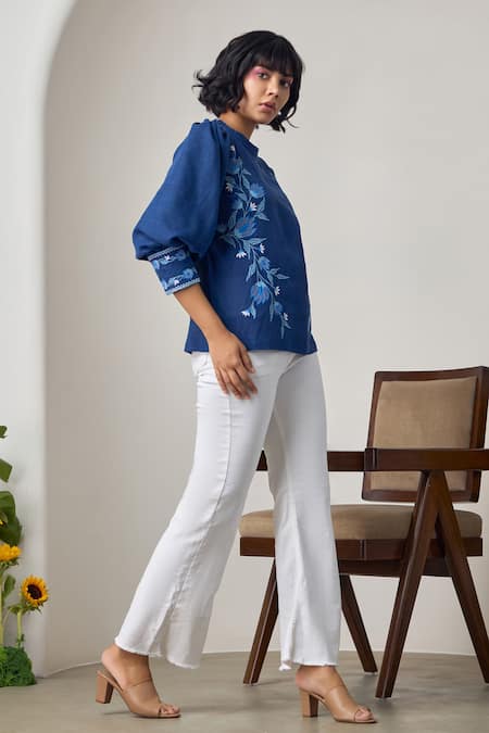 Maisolos_Navy Linen Embroidery Round Neck Blue Designer Top _Online_at_Aza_Fashions