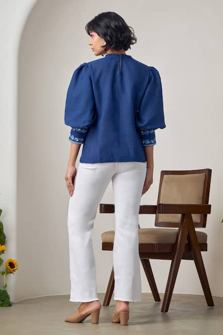 Shop_Maisolos_Navy Linen Embroidery Round Neck Blue Designer Top _at_Aza_Fashions