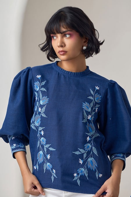 MAISOLOS Navy Linen Embroidery Round Neck Blue Designer Top 