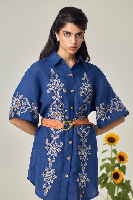 Maisolos_Navy Embroidery Collared Blue Short Dress _Online_at_Aza_Fashions