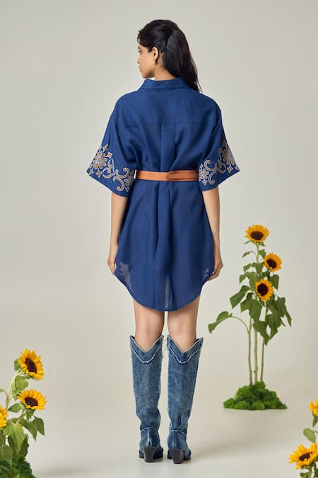 Shop_Maisolos_Navy Embroidery Collared Blue Short Dress _at_Aza_Fashions