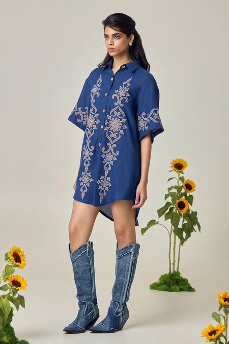 Shop_Maisolos_Navy Embroidery Collared Blue Short Dress _Online_at_Aza_Fashions