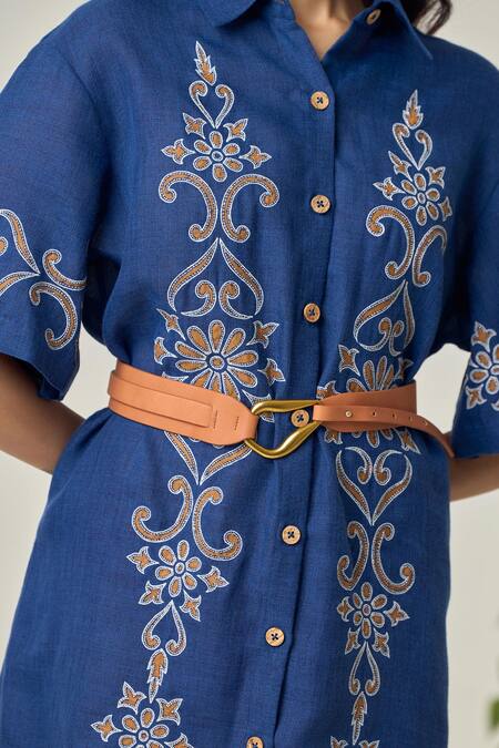 Maisolos_Navy Embroidery Collared Blue Short Dress _at_Aza_Fashions