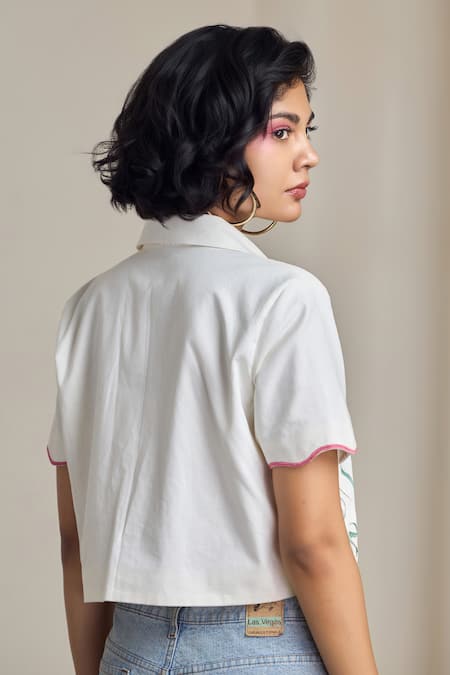 Shop_Maisolos_Ivory Poplin Embroidery Collared Floral Cropped Shirt _at_Aza_Fashions