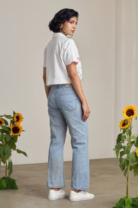 Buy_Maisolos_Ivory Poplin Embroidery Collared Floral Cropped Shirt _Online_at_Aza_Fashions