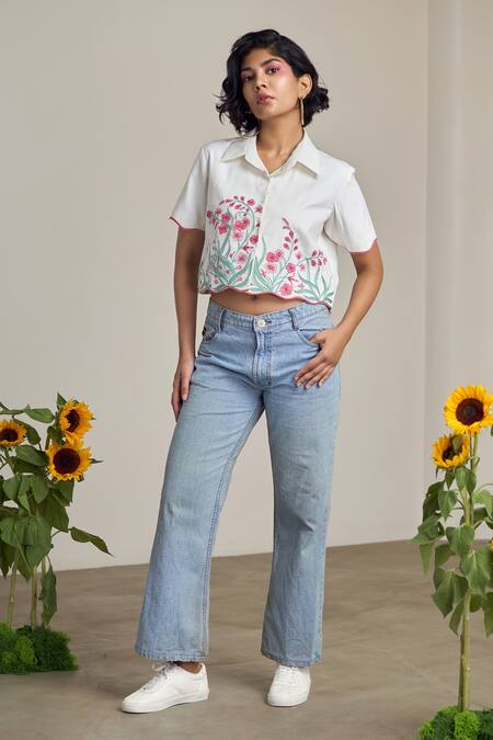 Shop_Maisolos_Ivory Poplin Embroidery Collared Floral Cropped Shirt _Online_at_Aza_Fashions