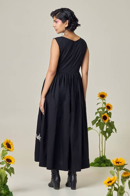 Shop_Maisolos_Black Poplin Embroidery Round Neck Midi Dress _at_Aza_Fashions