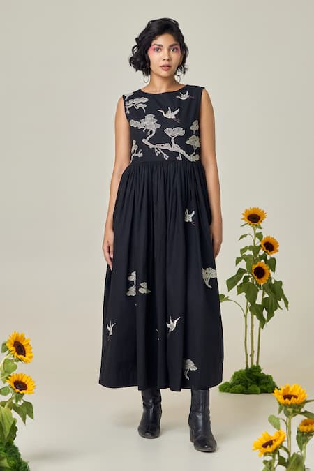 MAISOLOS Black Poplin Embroidery Round Neck Midi Dress 