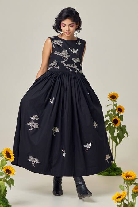 Maisolos_Black Poplin Embroidery Round Neck Midi Dress _Online_at_Aza_Fashions