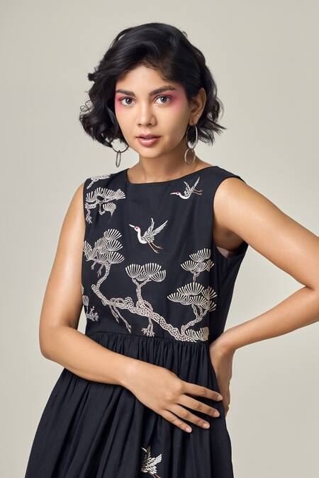 Buy_Maisolos_Black Poplin Embroidery Round Neck Midi Dress _Online_at_Aza_Fashions