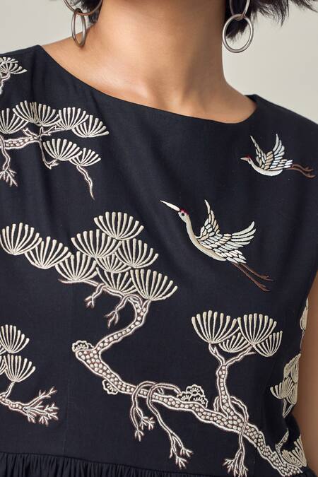 Shop_Maisolos_Black Poplin Embroidery Round Neck Midi Dress _Online_at_Aza_Fashions