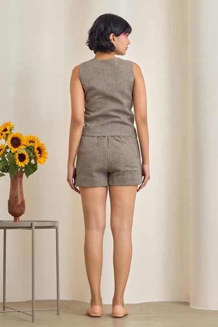 Shop_Maisolos_Gray Cotton Embroidery V-neck Grey Floral Waistcoat And Shorts Set _at_Aza_Fashions
