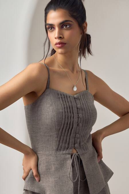 Shop Maisolos Gray , Handloom Square Neck Grey Matka Corset And Pant Set Online at Aza Fashions Shop_Maisolos_Gray , Handloom Square Neck Grey Matka Corset And Pant Set _Online_at_Aza_Fashions