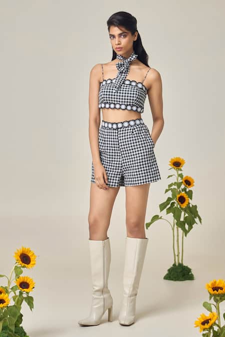 MAISOLOS Black Cotton Square Neck And White Gingham Top & Shorts Set 