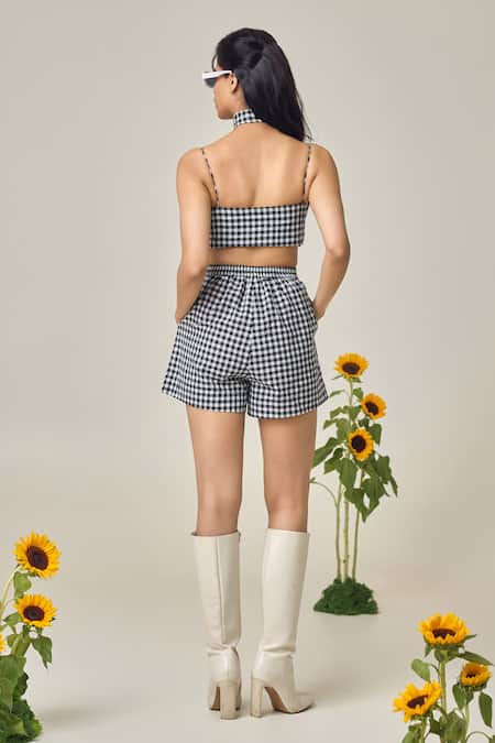 Shop Maisolos Black Cotton Square Neck And White Gingham Top & Shorts Set at Aza Fashions Shop_Maisolos_Black Cotton Square Neck And White Gingham Top & Shorts Set _at_Aza_Fashions