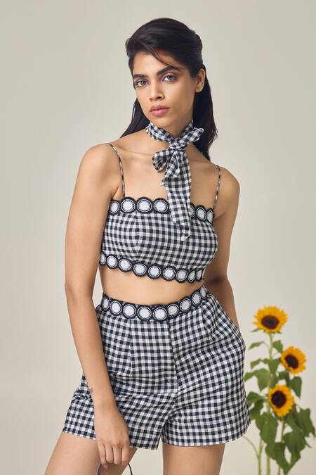 Shop Maisolos Black Cotton Square Neck And White Gingham Top & Shorts Set Online at Aza Fashions Shop_Maisolos_Black Cotton Square Neck And White Gingham Top & Shorts Set _Online_at_Aza_Fashions