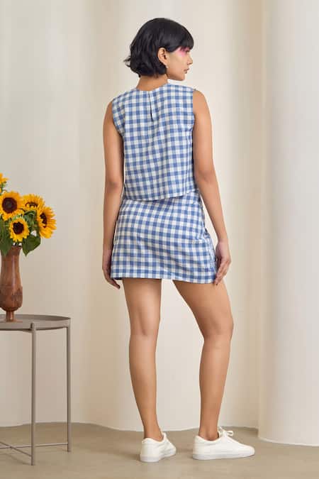Shop_Maisolos_Blue Cotton Embroidery Round Neck Gingham Top And Skirt Set _at_Aza_Fashions