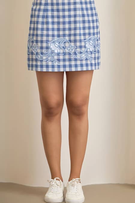 Maisolos_Blue Cotton Embroidery Round Neck Gingham Top And Skirt Set _Online_at_Aza_Fashions